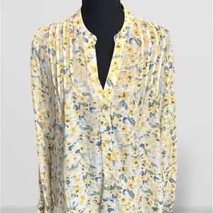 Zac & Rachel Flowy Yellow and Blue Floral Feminine Blouse Boho Size M